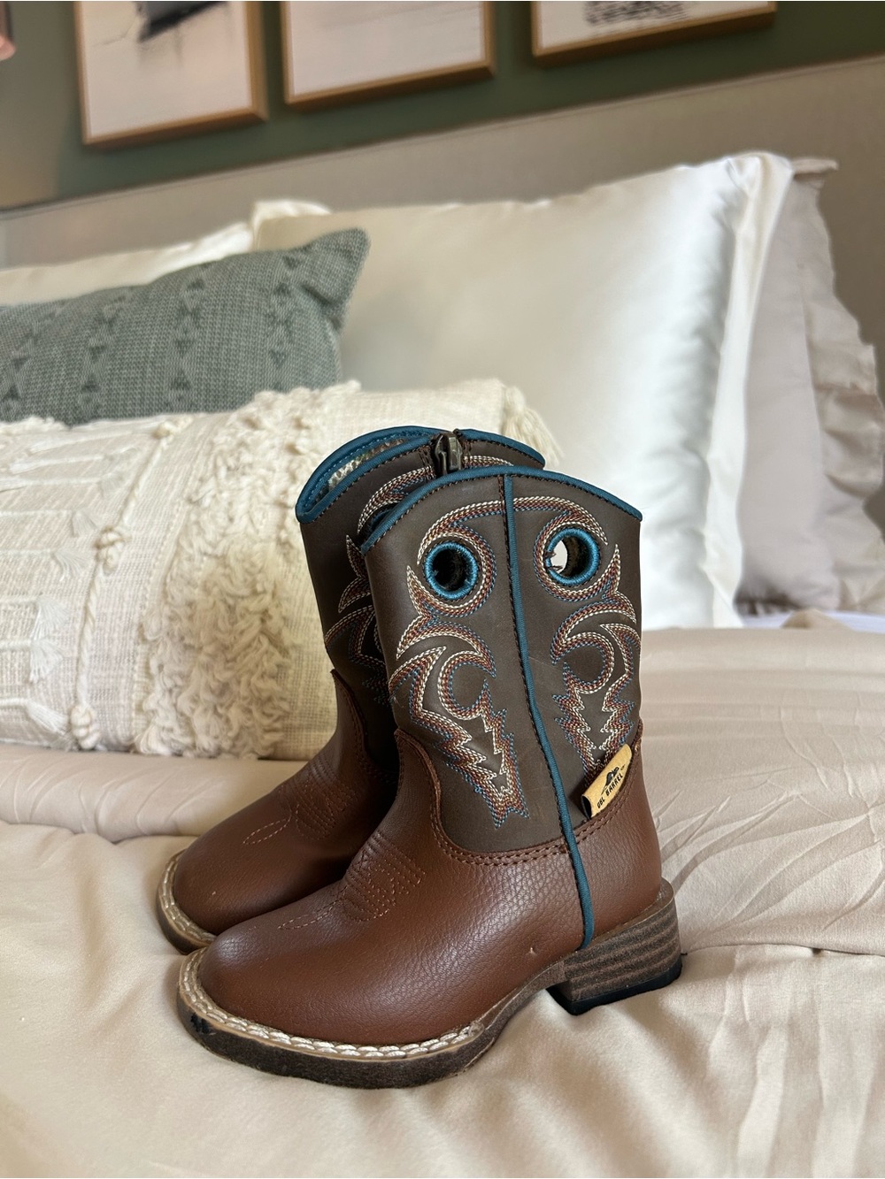 Dbl Barrel - Toddler Brown Cowboy Boots with Turquoise Trim